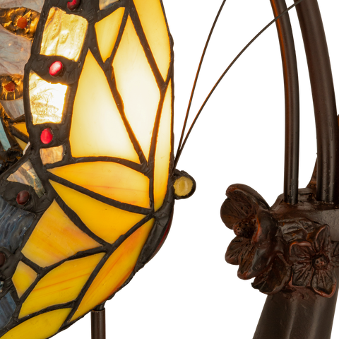 Tiffany tafellamp – Dubbele Vlinder & Bloemrijke Voet – L 17 × B 23 × H 45 cm (Art. 7054)
