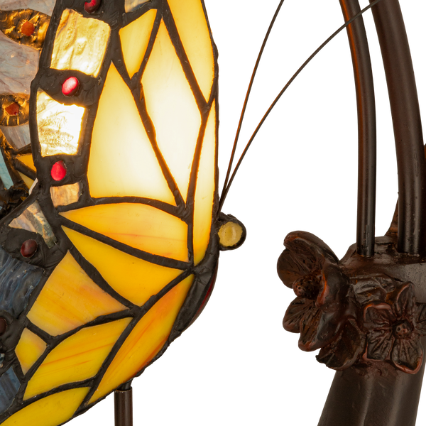 Tiffany tafellamp – Dubbele Vlinder & Bloemrijke Voet – L 17 × B 23 × H 45 cm (Art. 7054)