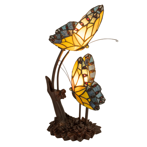 Tiffany tafellamp – Dubbele Vlinder & Bloemrijke Voet – L 17 × B 23 × H 45 cm (Art. 7054)