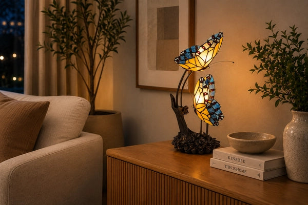 Tiffany dubbele vlinderlamp 7054 in geel, amber en blauwgrijs op een houten sidetable in een warme woonkamer | RORUVERA