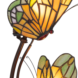 Tiffany dubbele vlinderlamp – Amber, Groen & Wit Glas – L 17 × B 23 × H 45 cm (Art. 7055)