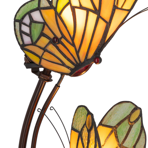 Tiffany dubbele vlinderlamp – Amber, Groen & Wit Glas – L 17 × B 23 × H 45 cm (Art. 7055)