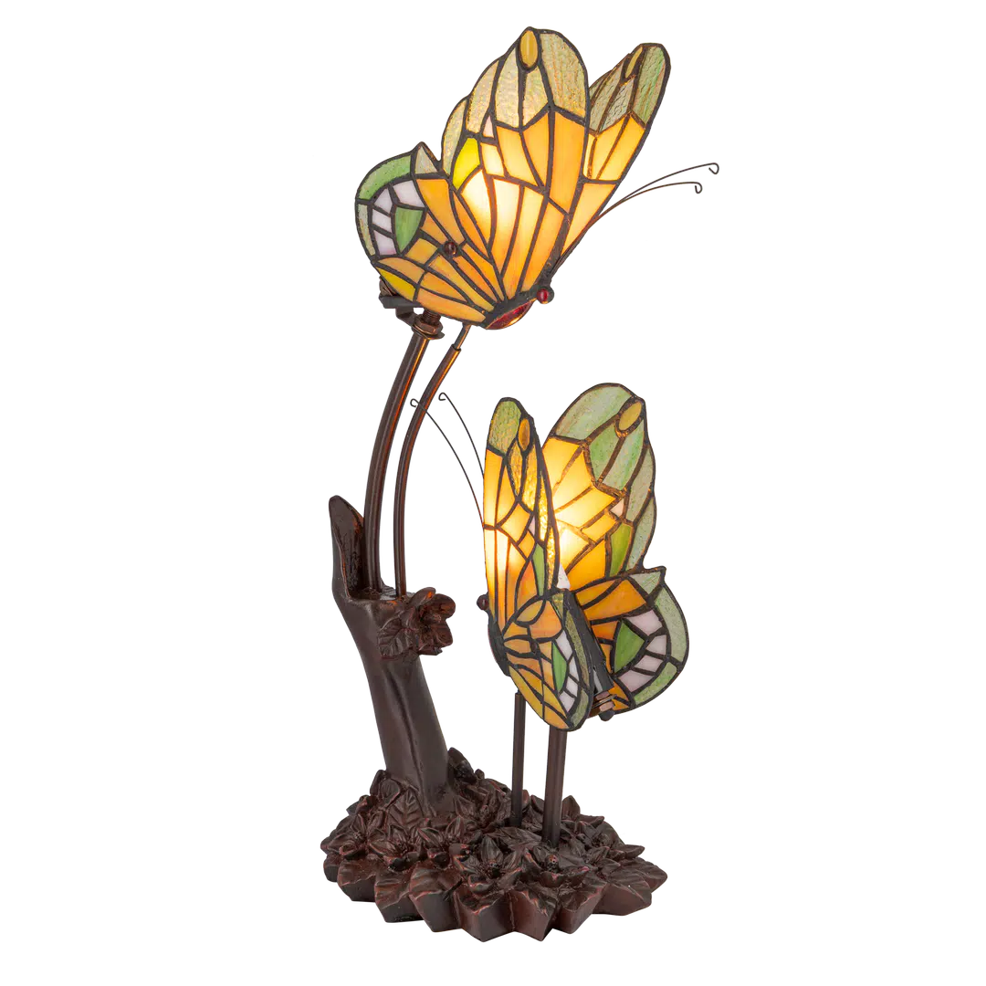 Roruvera Tiffany vlinderlamp twee vlinders op bloemrijke voet van glas in lood in amber, groen, wittinten, brandend