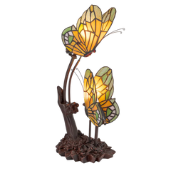 Tiffany dubbele vlinderlamp – Amber, Groen & Wit Glas – L 17 × B 23 × H 45 cm (Art. 7055)