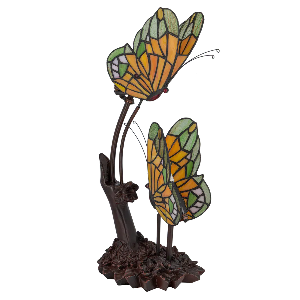 Tiffany dubbele vlinderlamp – Amber, Groen & Wit Glas – L 17 × B 23 × H 45 cm (Art. 7055)