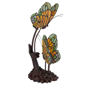 Tiffany dubbele vlinderlamp – Amber, Groen & Wit Glas – L 17 × B 23 × H 45 cm (Art. 7055)