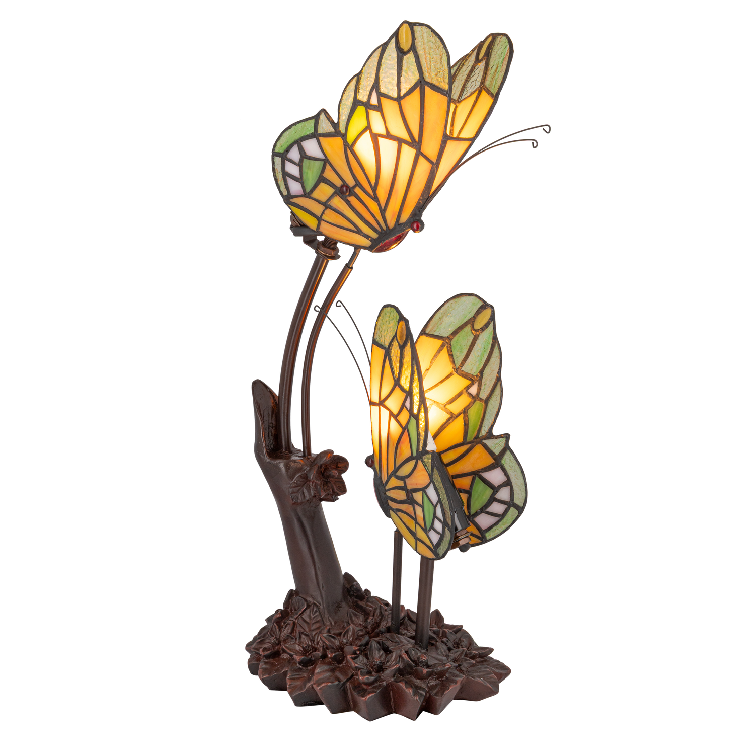 Tiffany dubbele vlinderlamp – Amber, Groen & Wit Glas – L 17 × B 23 × H 45 cm (Art. 7055)