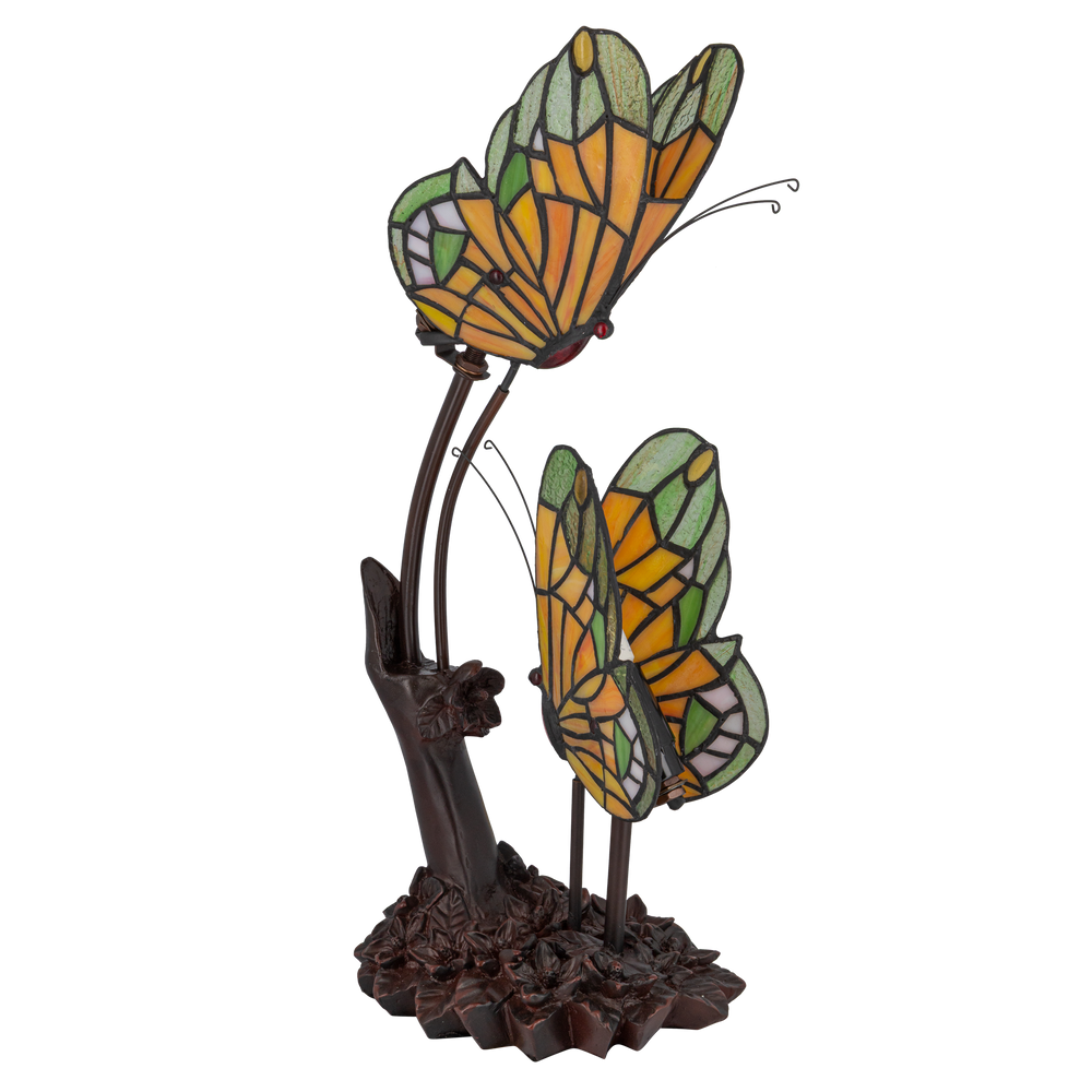 Tiffany dubbele vlinderlamp – Amber, Groen & Wit Glas – L 17 × B 23 × H 45 cm (Art. 7055)