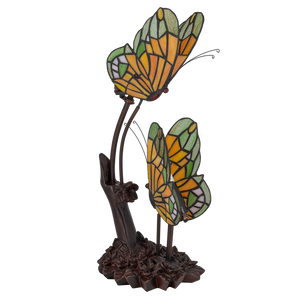 Tiffany dubbele vlinderlamp – Amber, Groen & Wit Glas – L 17 × B 23 × H 45 cm (Art. 7055)