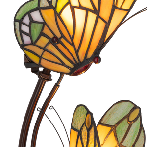Tiffany dubbele vlinderlamp – Amber, Groen & Wit Glas – L 17 × B 23 × H 45 cm (Art. 7055)