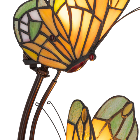 Tiffany dubbele vlinderlamp – Amber, Groen & Wit Glas – L 17 × B 23 × H 45 cm (Art. 7055)