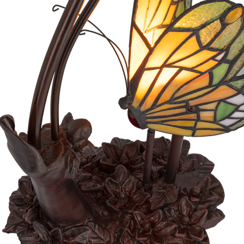 Tiffany dubbele vlinderlamp – Amber, Groen & Wit Glas – L 17 × B 23 × H 45 cm (Art. 7055)