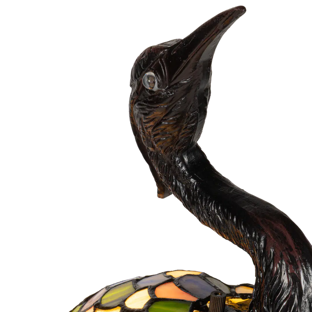 Roruvera Tiffany reigerlamp van glas in lood in groen-, amber-, crème- en blauwtinten, brandend