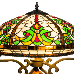 Tiffany Tischlampe mit floralem Rankenmuster – Creme, Grün & Rot – H 70 cm (Art. 7070)