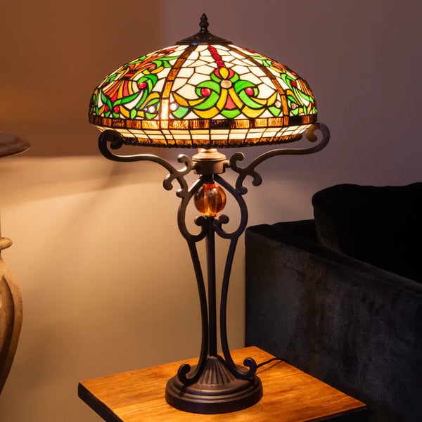 Tiffany Tischlampe mit floralem Rankenmuster – Creme, Grün & Rot – H 70 cm (Art. 7070)