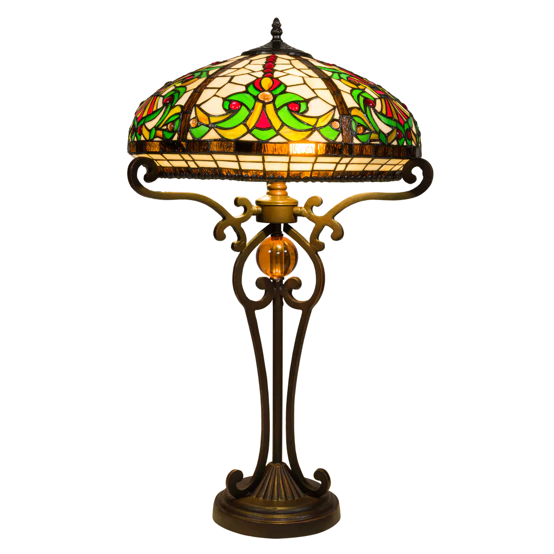 Tiffany Tischlampe mit floralem Rankenmuster – Creme, Grün & Rot – H 70 cm (Art. 7070)
