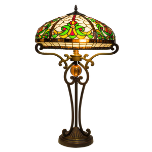 Tiffany Tischlampe mit floralem Rankenmuster – Creme, Grün & Rot – H 70 cm (Art. 7070)