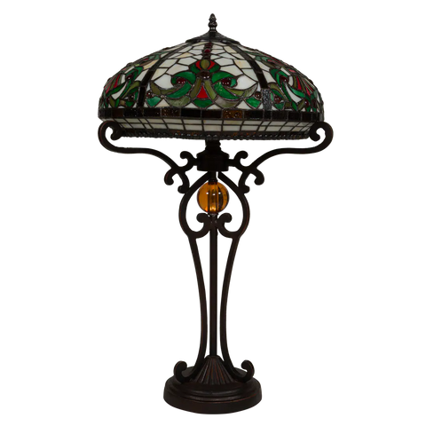 Tiffany Tischlampe mit floralem Rankenmuster – Creme, Grün & Rot – H 70 cm (Art. 7070)