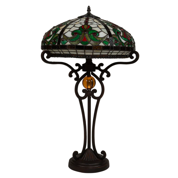 Tiffany Tischlampe mit floralem Rankenmuster – Creme, Grün & Rot – H 70 cm (Art. 7070)