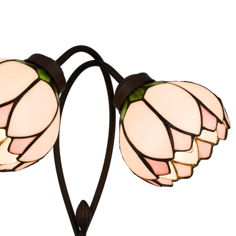 Tiffany Tischlampe Doppelblüte – Rosa, Creme & Grün – H 40 cm (Art. 7071)