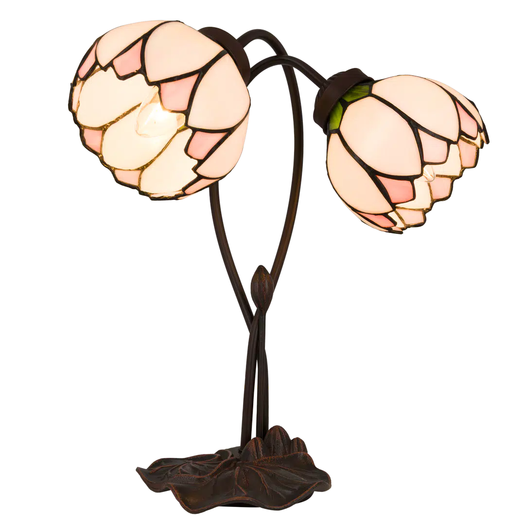 Tiffany tafellamp Dubbele Bloem – Roze, Crème & Groen – H 40 cm (Art. 7071)