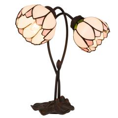 Tiffany tafellamp Dubbele Bloem – Roze, Crème & Groen – H 40 cm (Art. 7071)