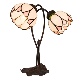 Tiffany tafellamp Dubbele Bloem – Roze, Crème & Groen – H 40 cm (Art. 7071)
