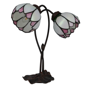 Tiffany tafellamp Dubbele Bloem – Roze, Crème & Groen – H 40 cm (Art. 7071)