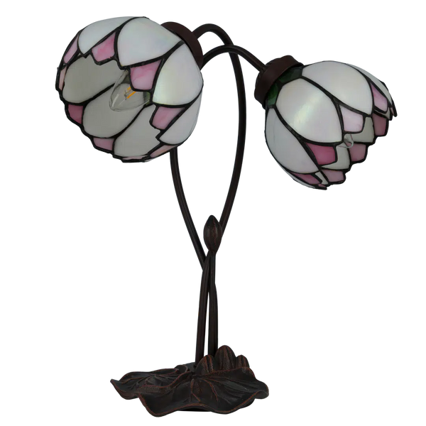 Tiffany tafellamp Dubbele Bloem – Roze, Crème & Groen – H 40 cm (Art. 7071)