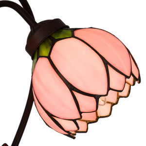 Tiffany Tischlampe mit zwei Blütenknospen – Lachsrosa & Grün – H 40 cm (Art. 7072)