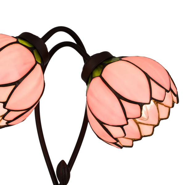 Tiffany Tischlampe mit zwei Blütenknospen – Lachsrosa & Grün – H 40 cm (Art. 7072)