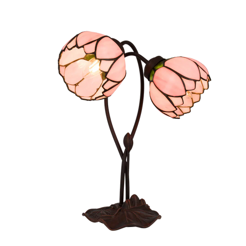 Tiffany Tischlampe mit zwei Blütenknospen – Lachsrosa & Grün – H 40 cm (Art. 7072)