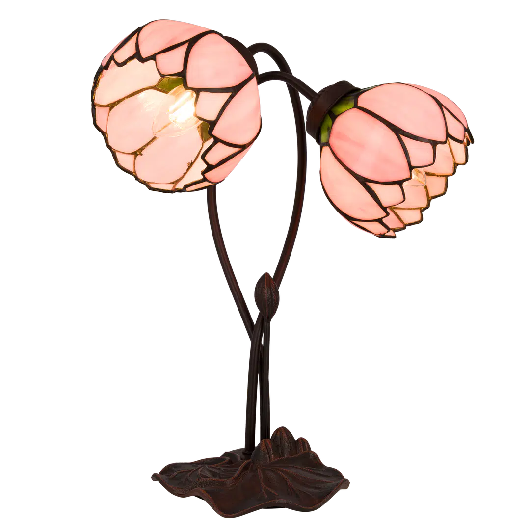 Tiffany Tischlampe mit zwei Blütenknospen – Lachsrosa & Grün – H 40 cm (Art. 7072)