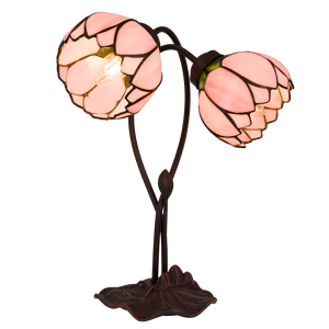 Tiffany Tischlampe mit zwei Blütenknospen – Lachsrosa & Grün – H 40 cm (Art. 7072)
