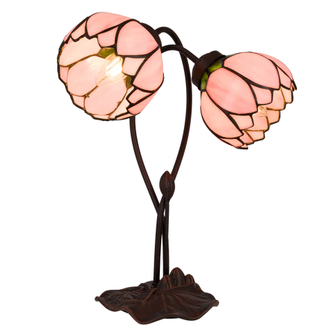 Tiffany Tischlampe mit zwei Blütenknospen – Lachsrosa & Grün – H 40 cm (Art. 7072)