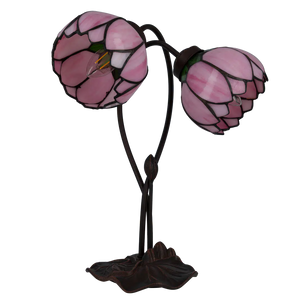 Tiffany Tischlampe mit zwei Blütenknospen – Lachsrosa & Grün – H 40 cm (Art. 7072)