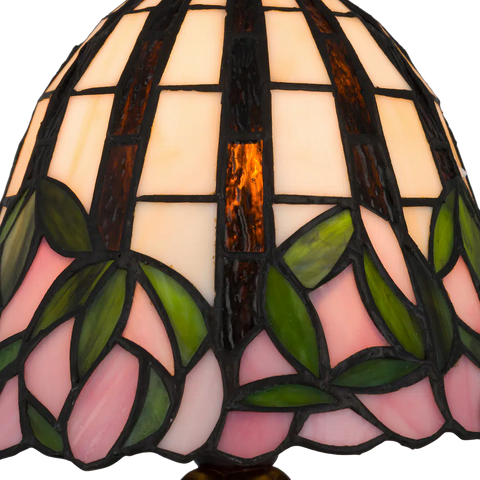 Tiffany Tischlampe mit rosa Blüten & gewelltem Rand – Creme, Rosa & Grün – H 36 cm (Art. 7073)