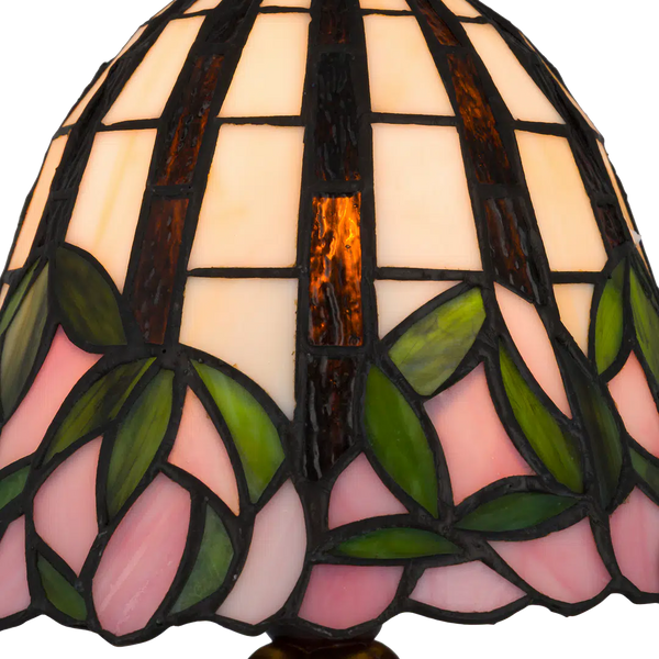 Tiffany Tischlampe mit rosa Blüten & gewelltem Rand – Creme, Rosa & Grün – H 36 cm (Art. 7073)