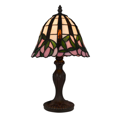 Tiffany Tischlampe mit rosa Blüten & gewelltem Rand – Creme, Rosa & Grün – H 36 cm (Art. 7073)