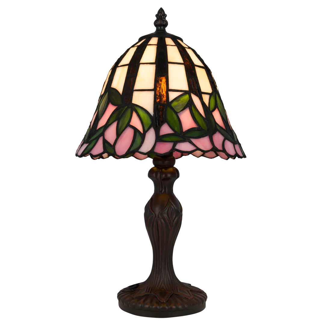 Tiffany Tischlampe mit rosa Blüten & gewelltem Rand – Creme, Rosa & Grün – H 36 cm (Art. 7073)