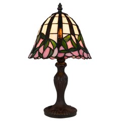 Tiffany Tischlampe mit rosa Blüten & gewelltem Rand – Creme, Rosa & Grün – H 36 cm (Art. 7073)