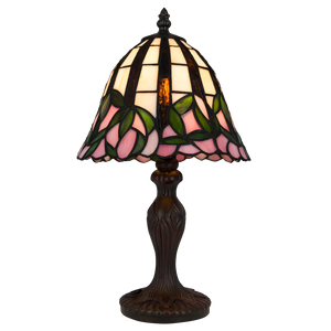 Tiffany Tischlampe mit rosa Blüten & gewelltem Rand – Creme, Rosa & Grün – H 36 cm (Art. 7073)