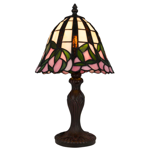 Tiffany Tischlampe mit rosa Blüten & gewelltem Rand – Creme, Rosa & Grün – H 36 cm (Art. 7073)