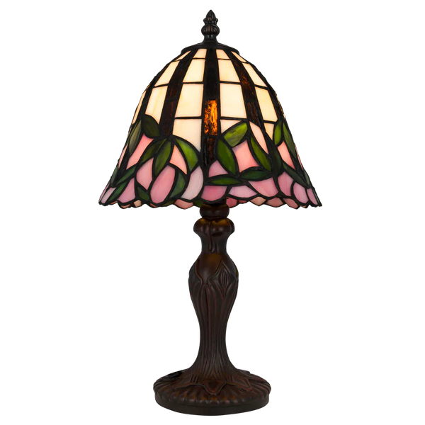 Tiffany Tischlampe mit rosa Blüten & gewelltem Rand – Creme, Rosa & Grün – H 36 cm (Art. 7073)