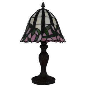 Tiffany Tischlampe mit rosa Blüten & gewelltem Rand – Creme, Rosa & Grün – H 36 cm (Art. 7073)
