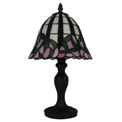 Tiffany Tischlampe mit rosa Blüten & gewelltem Rand – Creme, Rosa & Grün – H 36 cm (Art. 7073)