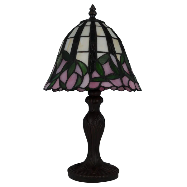 Tiffany Tischlampe mit rosa Blüten & gewelltem Rand – Creme, Rosa & Grün – H 36 cm (Art. 7073)