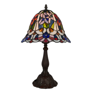 Tiffany Tischlampe mit eleganten Blüten – Creme, Rosa & Blau – H 46 cm (Art. 7075)