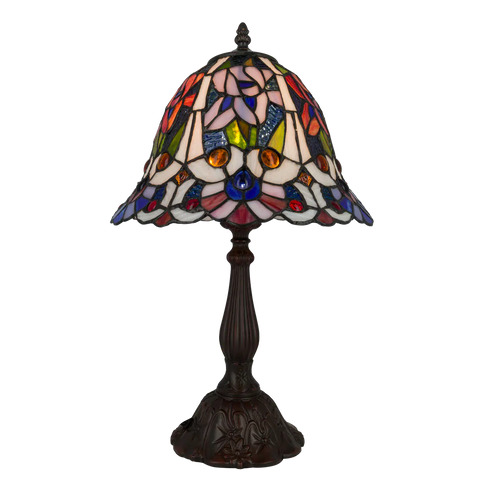 Tiffany Tischlampe mit eleganten Blüten – Creme, Rosa & Blau – H 46 cm (Art. 7075)