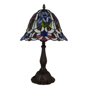 Tiffany Tischlampe mit eleganten Blüten – Creme, Rosa & Blau – H 46 cm (Art. 7075)